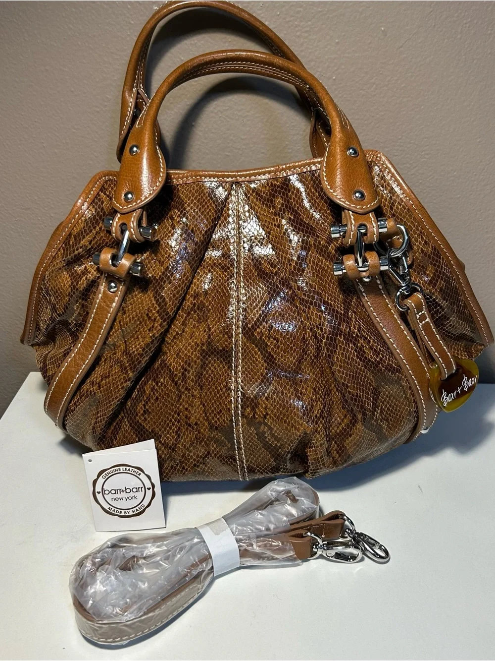 Barr + Barr New York NWT Snakeskin Leather Satchel Crossbody Handbag Purse Brown